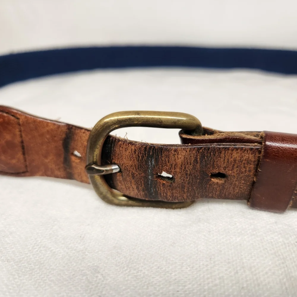 Leather Man LTD Lighthouse Belt 42 Navy Woven Leather Solid Brass Buckle USA